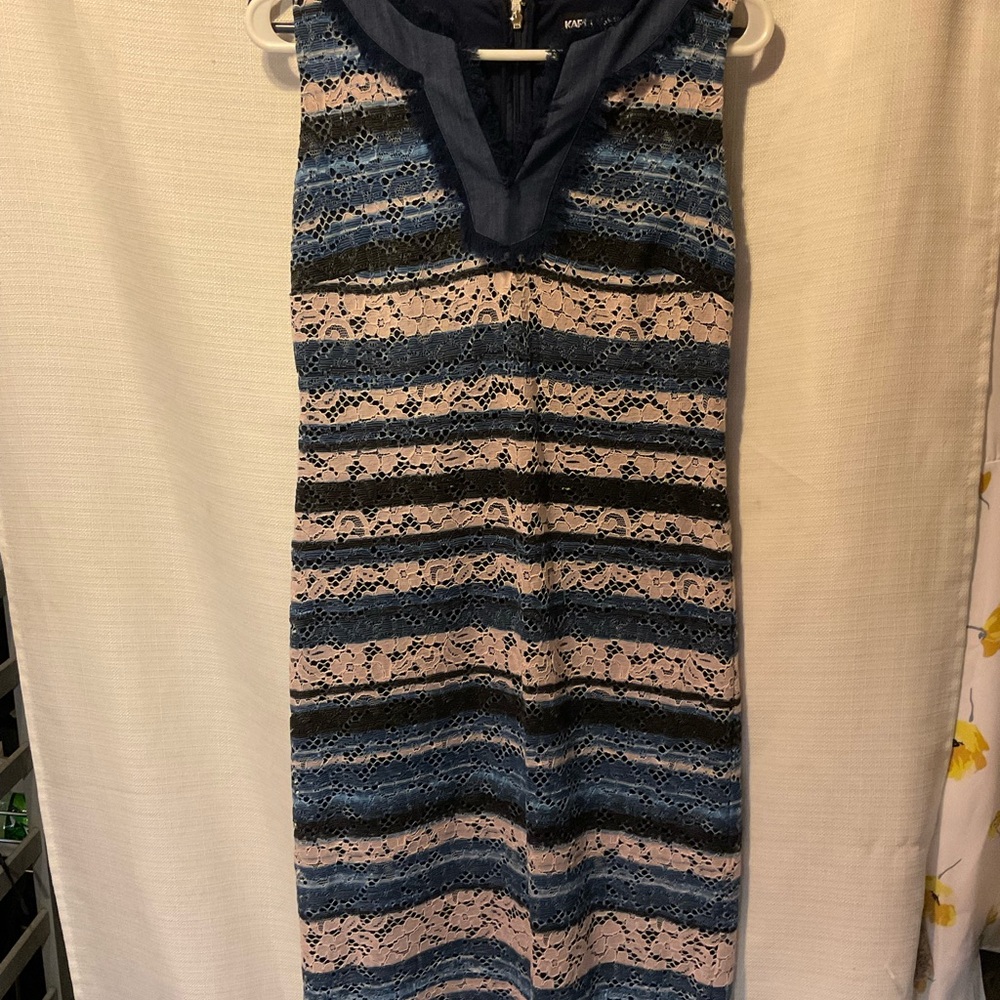 Karl Lagerfeld Blue and Cream Sheath Midi Dress